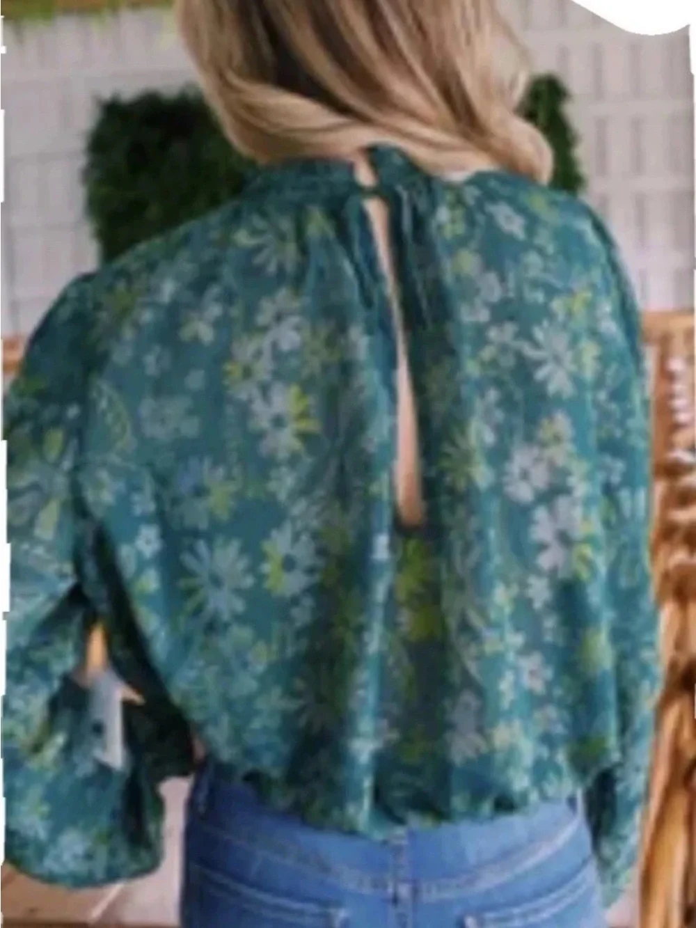 Free People Clarissa Green Sea Floral Puff-Sleeve Blouse
